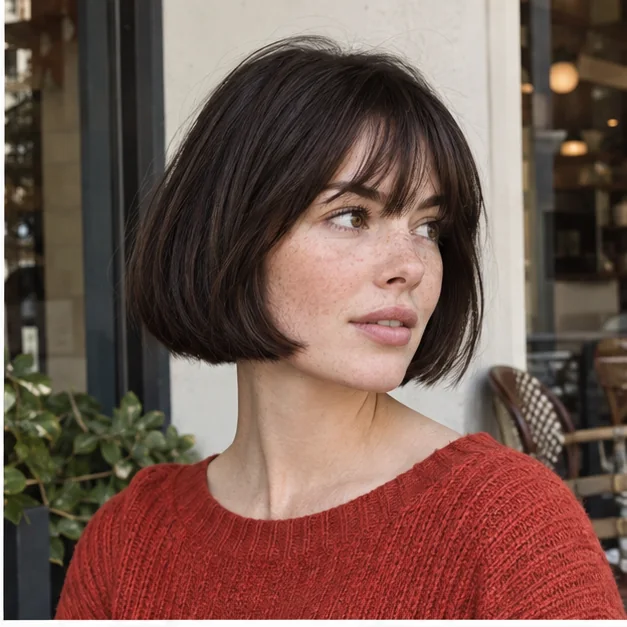 Woman with a short bob and subtle cheekbone framing