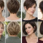 Four paired front and back views of short pixie, bob, bixie and curly haircuts