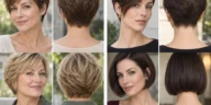 Four paired front and back views of short pixie, bob, bixie and curly haircuts