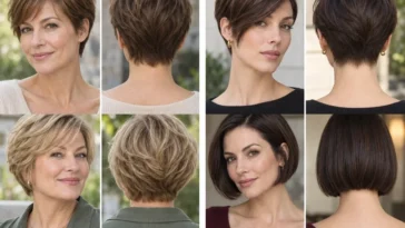 Four paired front and back views of short pixie, bob, bixie and curly haircuts