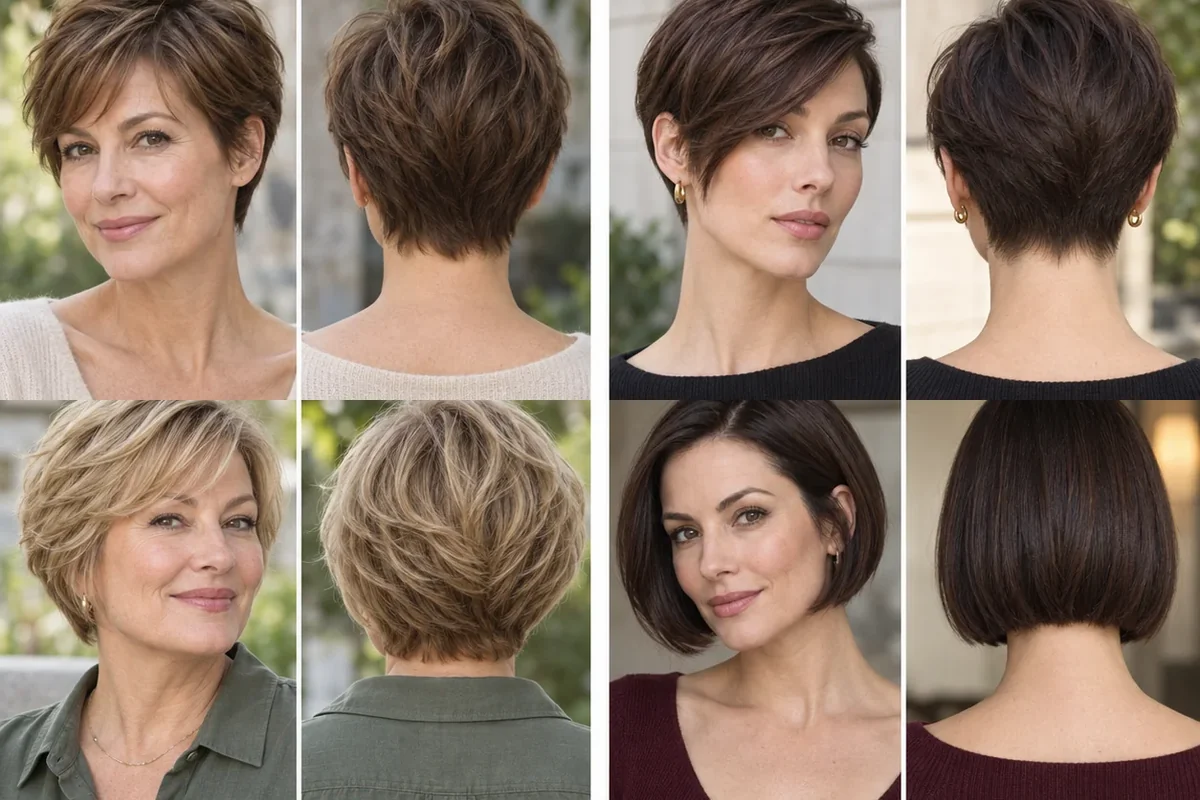 Four paired front and back views of short pixie, bob, bixie and curly haircuts