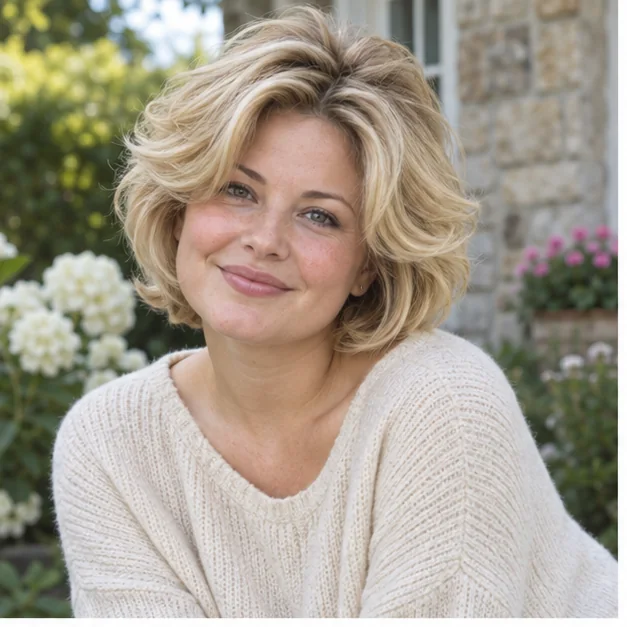 Woman with short layered blonde hair styled in a lifted 90s blowout