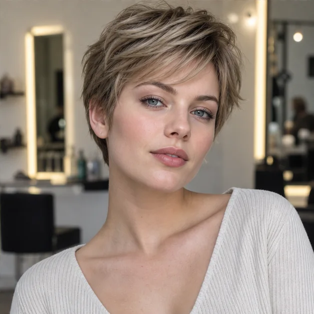 Woman with thick dark blonde hair wearing a soft short layered crop