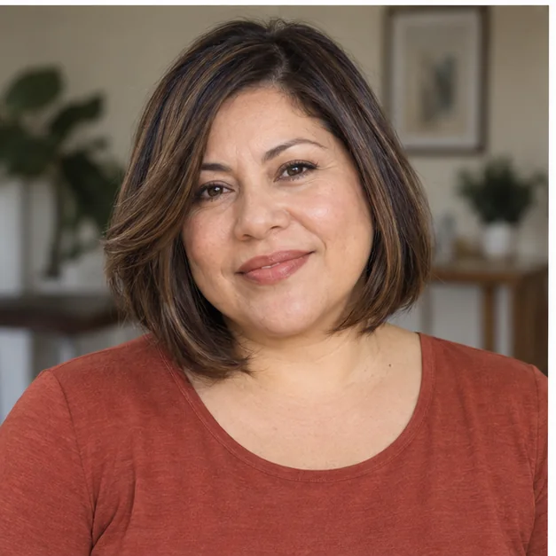 Woman with thin hair wearing a short modern Rachel bob