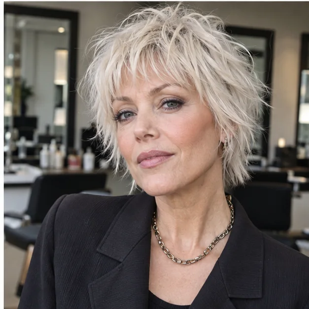 Woman with a short shag and choppy bangs