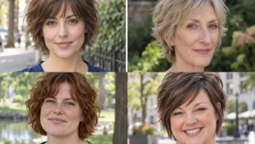 Collage of four short shag haircuts shaped to make fine hair look fuller