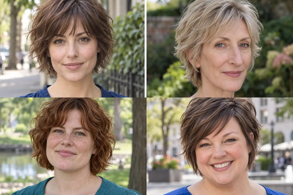Collage of four short shag haircuts shaped to make fine hair look fuller