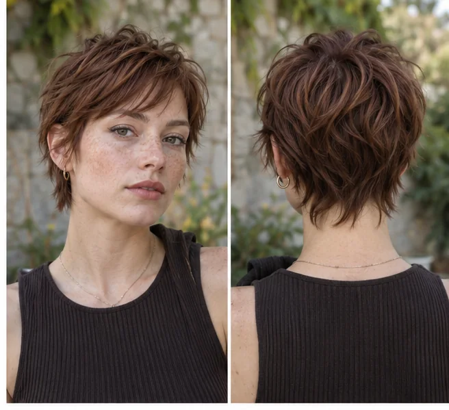 Same woman shown from front and back wearing a short shag with wispy neckline