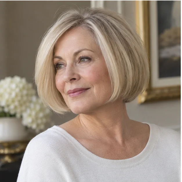 Woman with a short stacked bob and full side panels