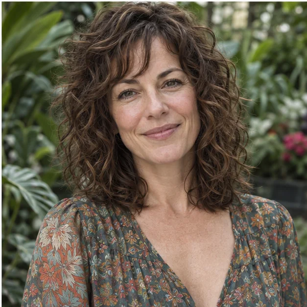 Shoulder-length curly shag with long connected layers