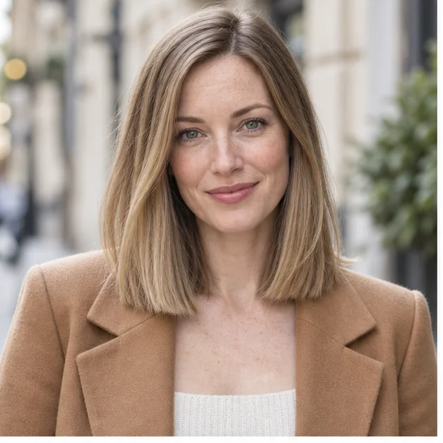 Woman with fine hair in a shoulder-length cut with hidden layers
