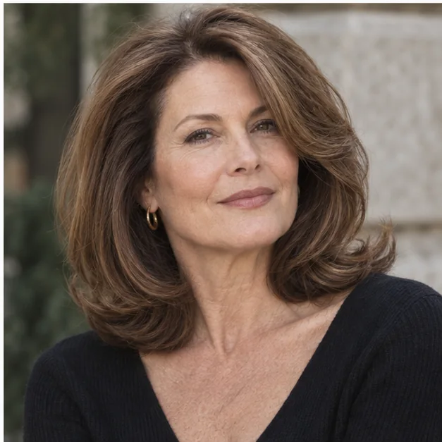 Woman with shoulder-length brown hair in a bouncy 90s blowout
