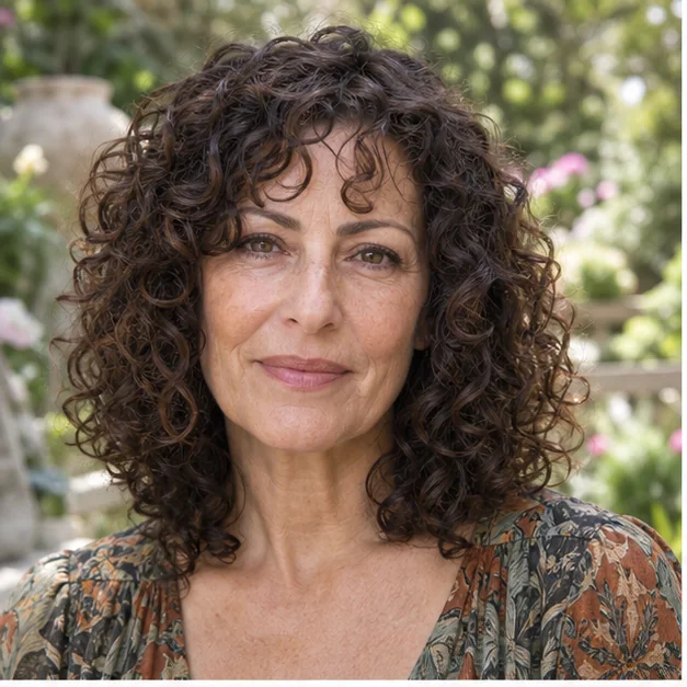 Woman over 50 with shoulder-length coils and a soft curly fringe
