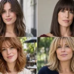 Four women wearing distinct shoulder length hairstyles with bangs
