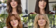 Four women wearing distinct shoulder length hairstyles with bangs