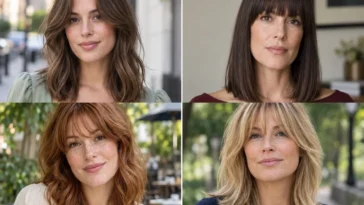 Four women wearing distinct shoulder length hairstyles with bangs