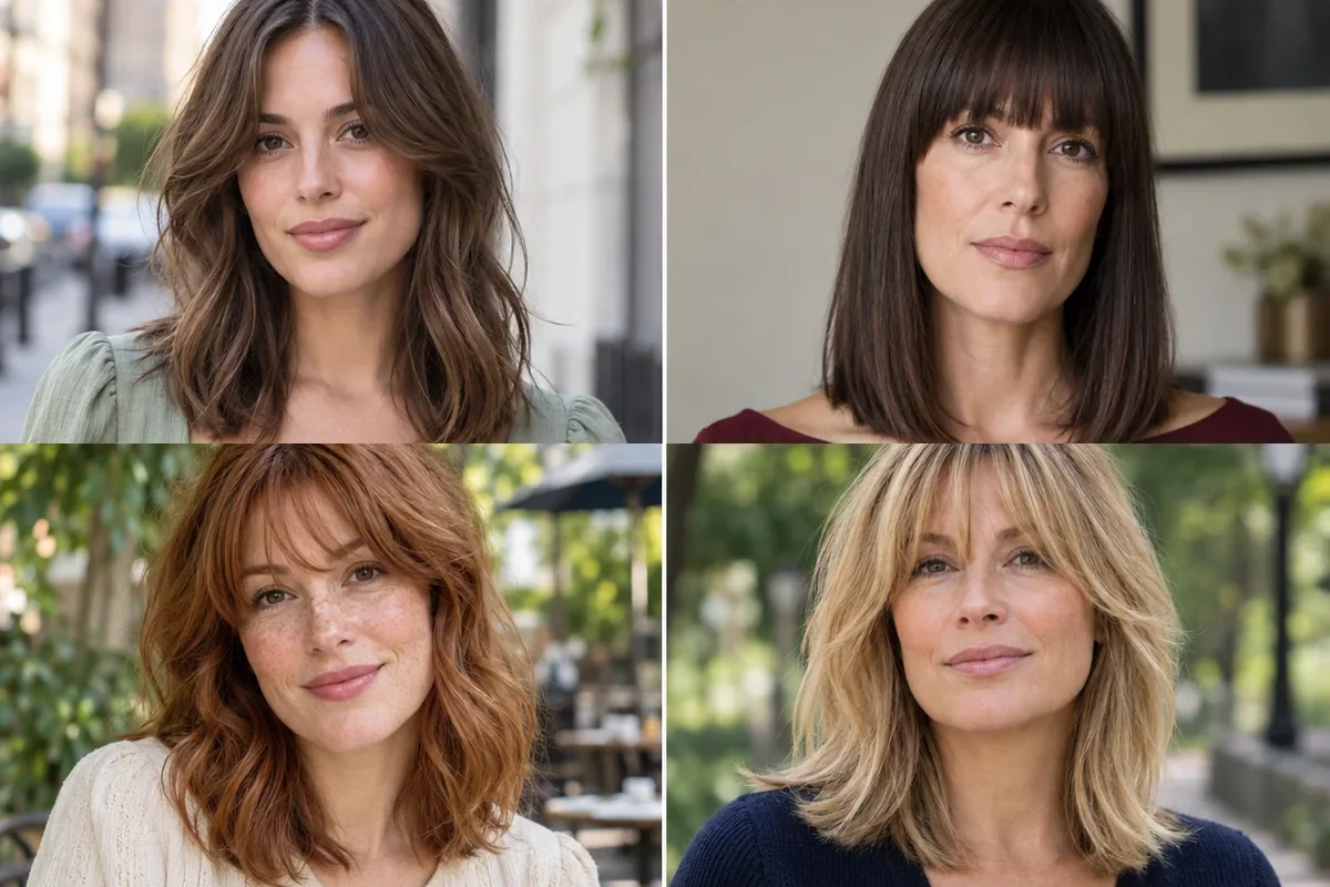 Four women wearing distinct shoulder length hairstyles with bangs