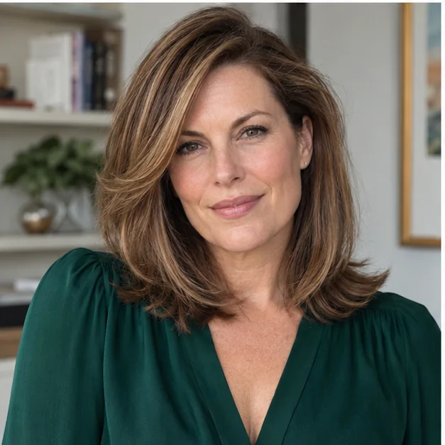 Woman with thin shoulder length hair in a side parted modern Rachel