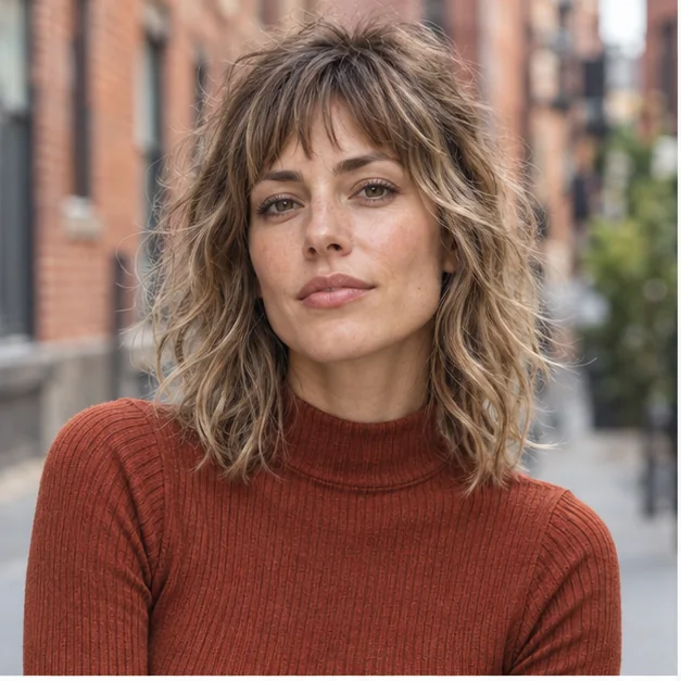 Woman with a shoulder length shag and choppy bangs