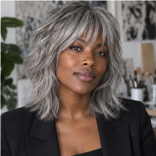 Woman with shoulder-length shaggy silver layers