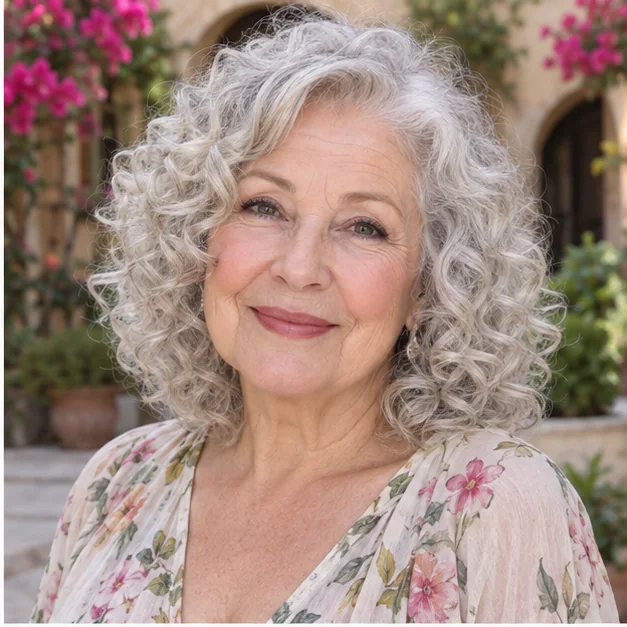 Woman with soft shoulder-length silver curls