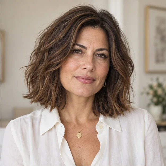 Woman with thick chestnut hair wearing a shoulder-length textured lob