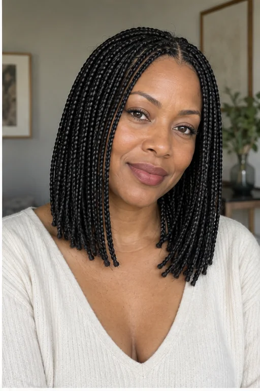 Black woman with small shoulder-length knotless bob braids