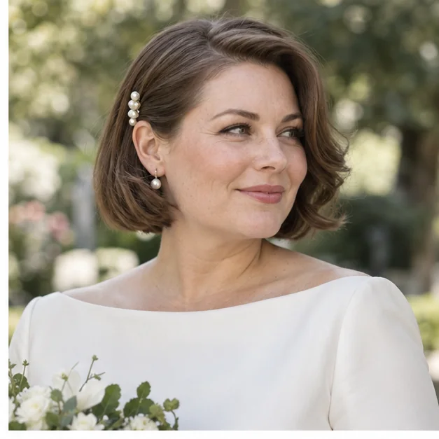 Bride wearing a side-parted bob with a pearl pin