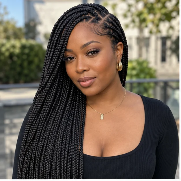 Black woman wearing knotless braids with a deep side part