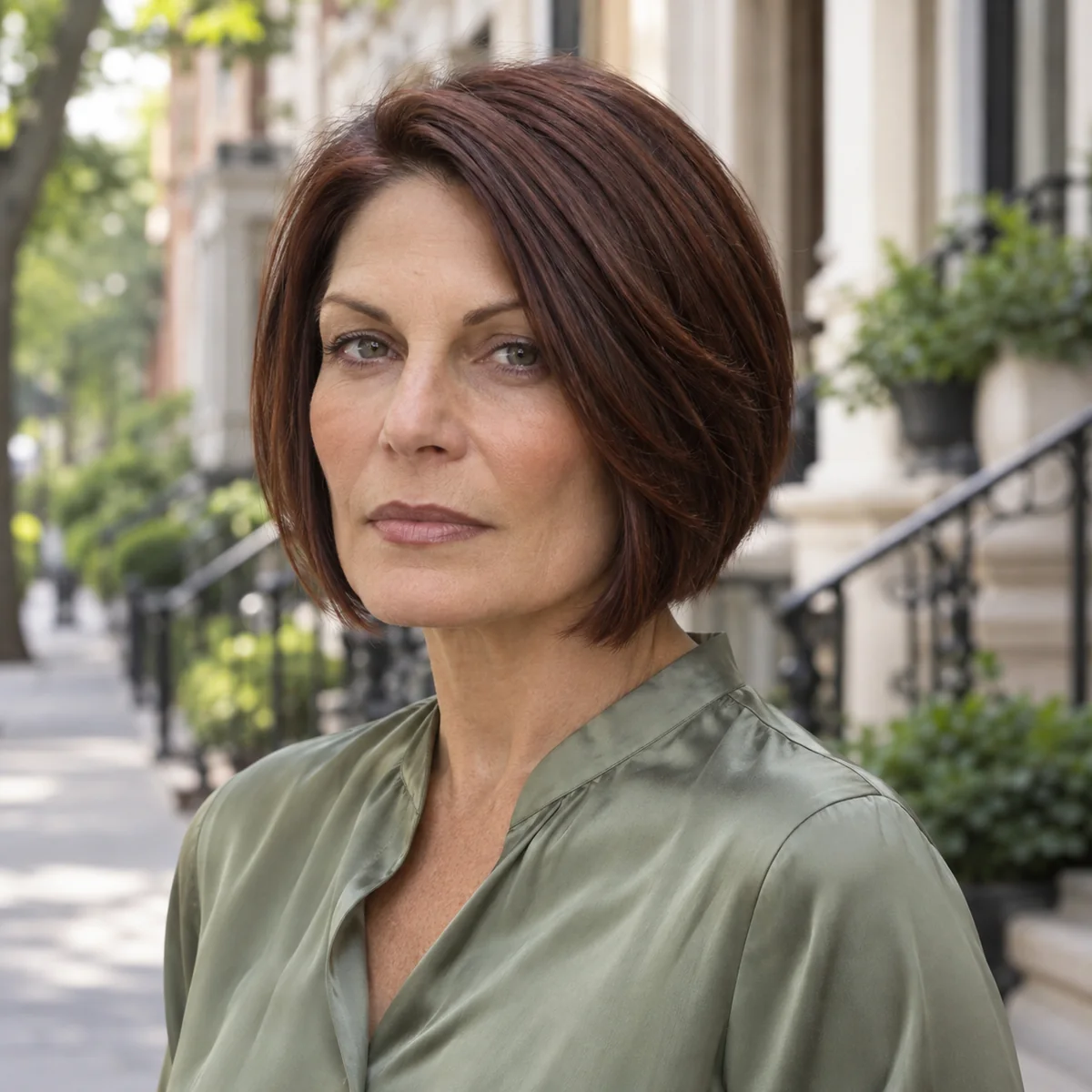 Woman with side parted short bob and sliced layers on thick hair