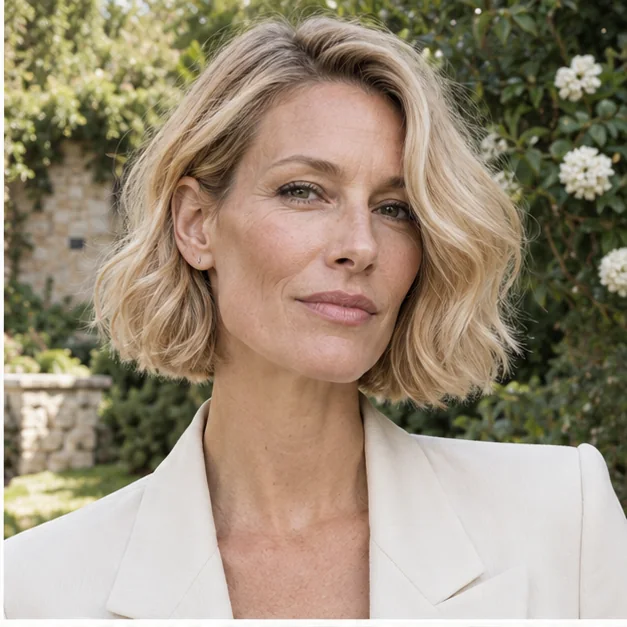 Woman with a long face wearing side-parted bob with cheek-level waves