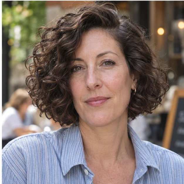 Long-faced woman wearing side-parted curly bob without bangs