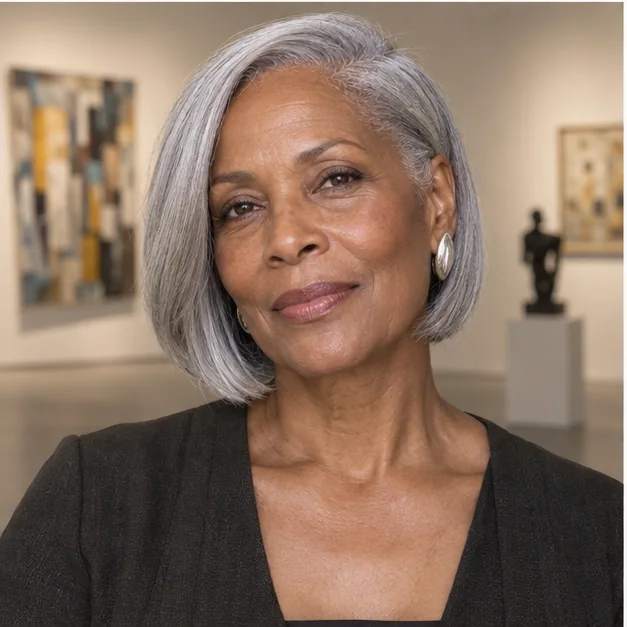 Woman with a side-parted silver bob tucked behind one ear