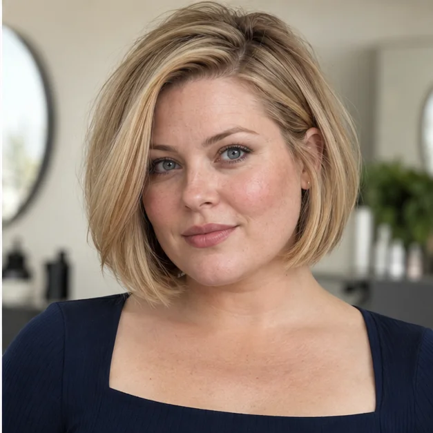 Woman with a deep side-parted bob and lifted roots