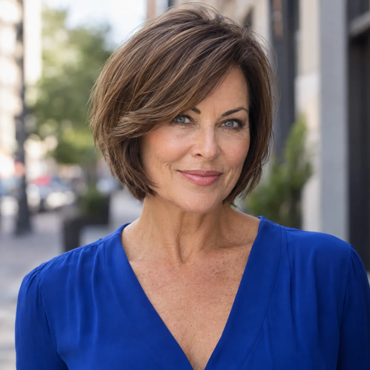 Woman over 50 with side-swept bangs and a layered bob