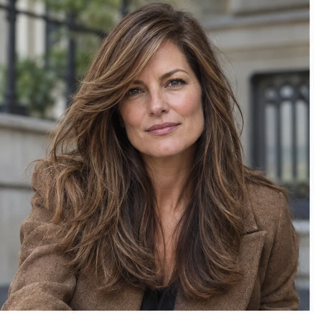 Woman with long layered brown hair and elegant side-swept bangs