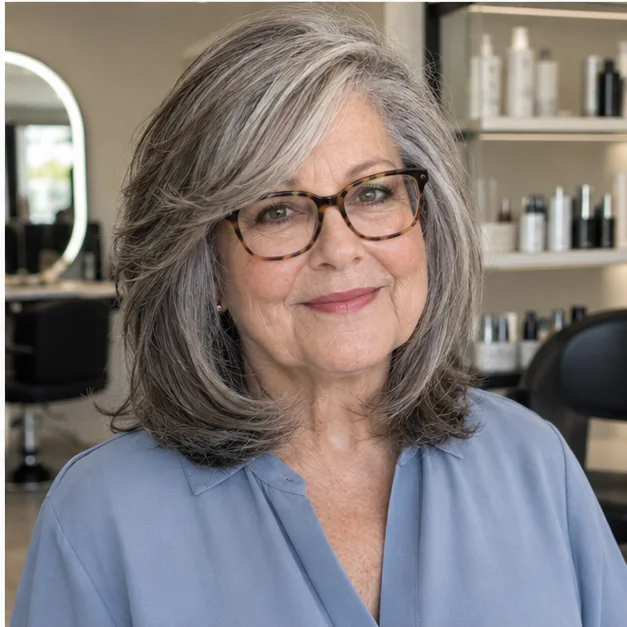 Woman over 50 with side-swept bangs and polished medium layers