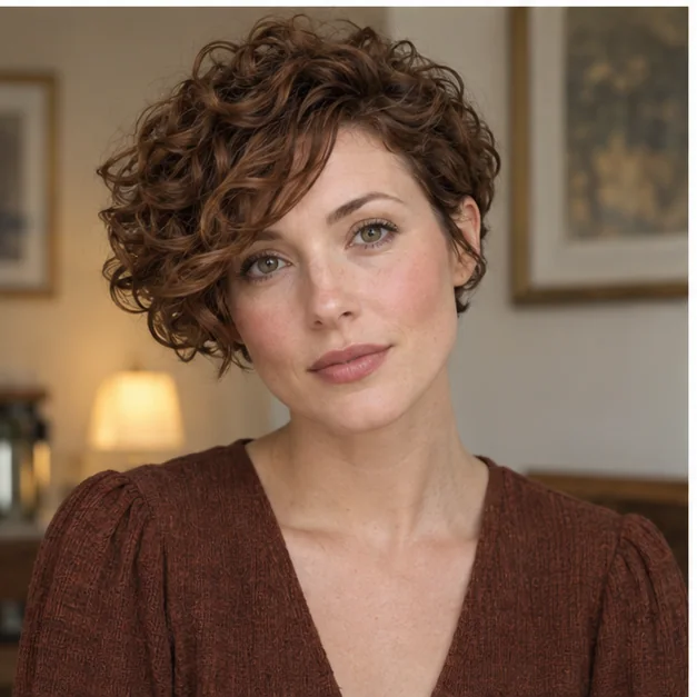 Woman with cropped curls and a soft side-swept fringe
