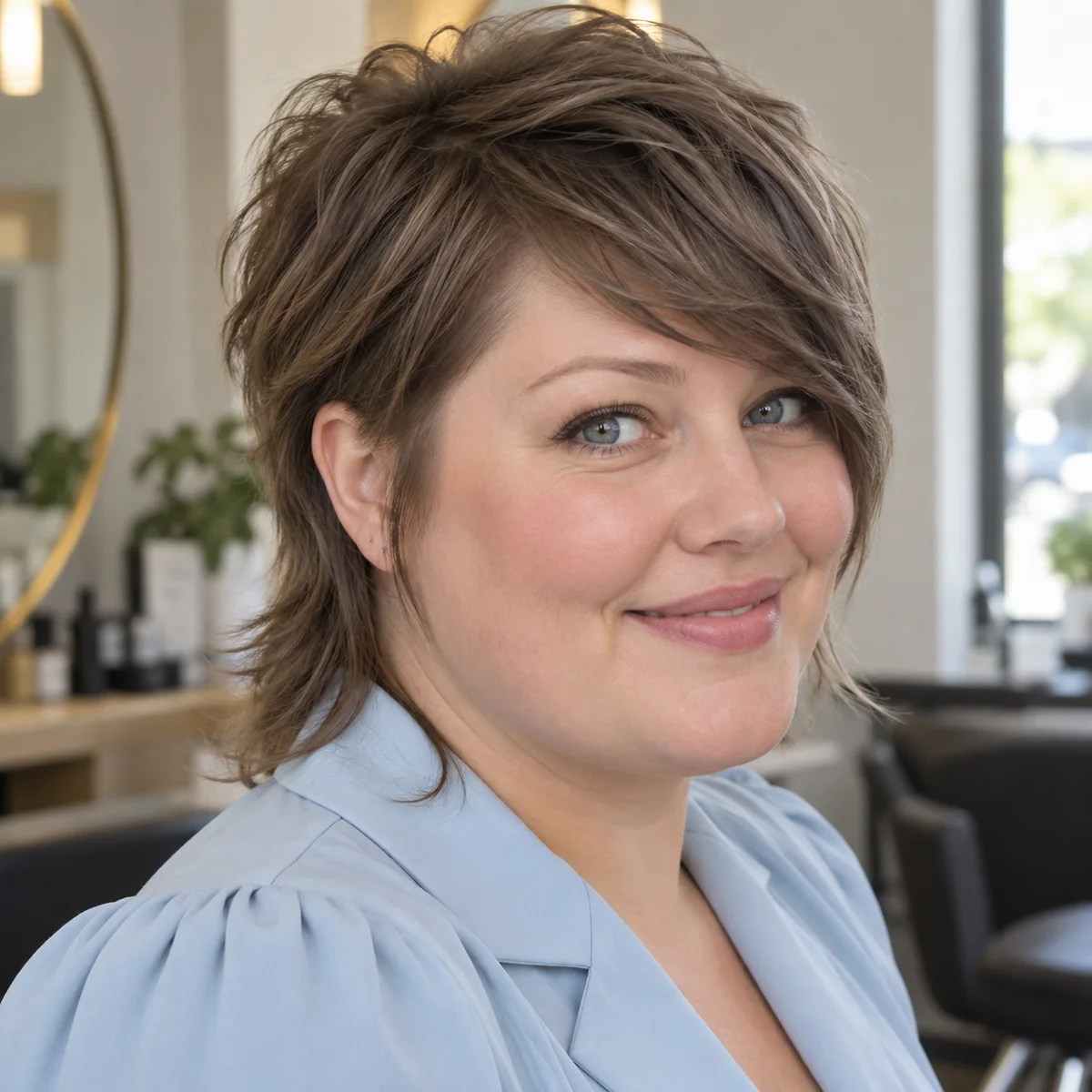 Woman with a side-swept modern mullet flattering a round face