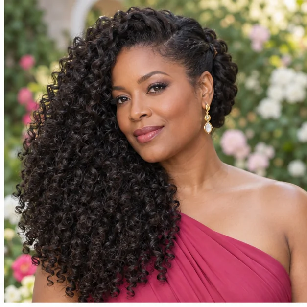 Black woman with glamorous side-swept natural curls