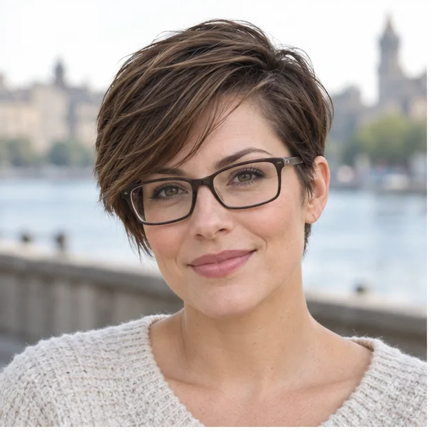 Woman wearing rectangular glasses with a soft side-swept brunette pixie