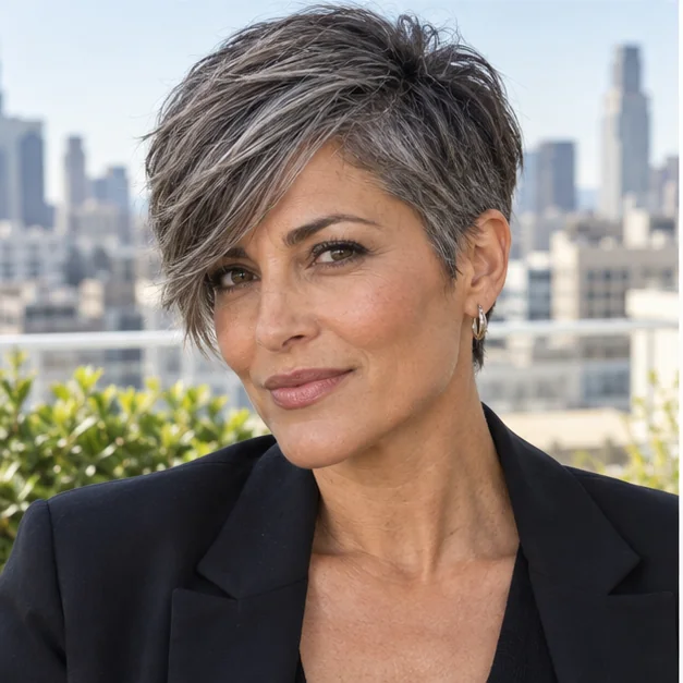 Woman with side-swept salt-and-pepper short hair