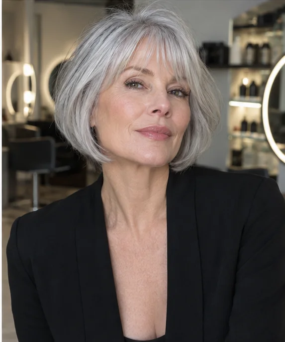 Mature woman with a silver bob and soft wispy bangs