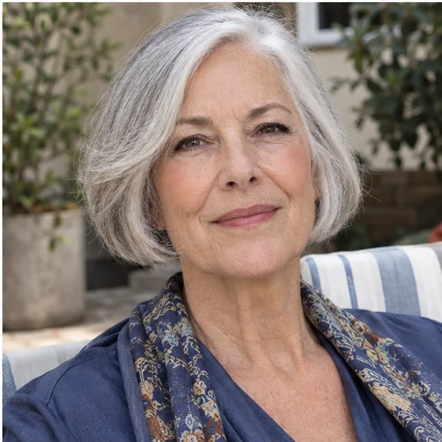 Woman with a long face wearing soft silver bob with face-framing bend