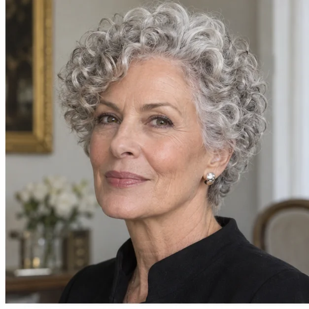 Mature woman with silver curls in a softly cropped haircut