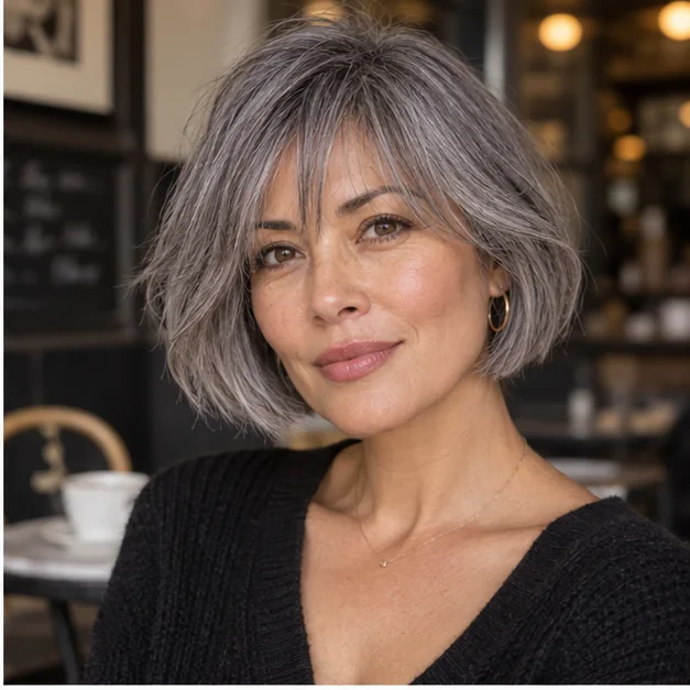 Woman with a silver French bob and wispy bangs