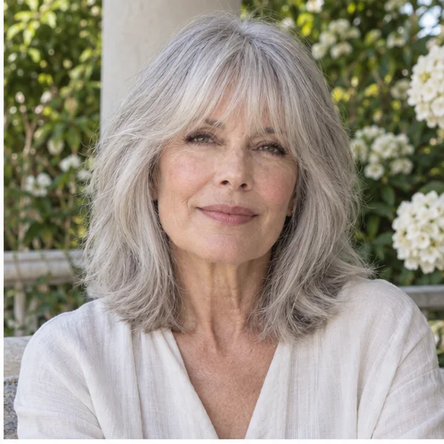 Woman with silver hair and full soft bangs