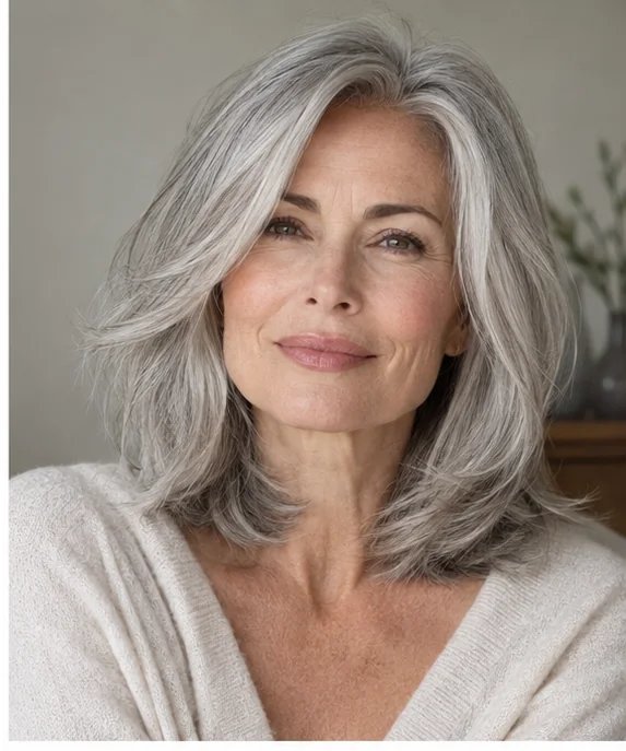 Mature woman with luminous silver hair and soft face framing