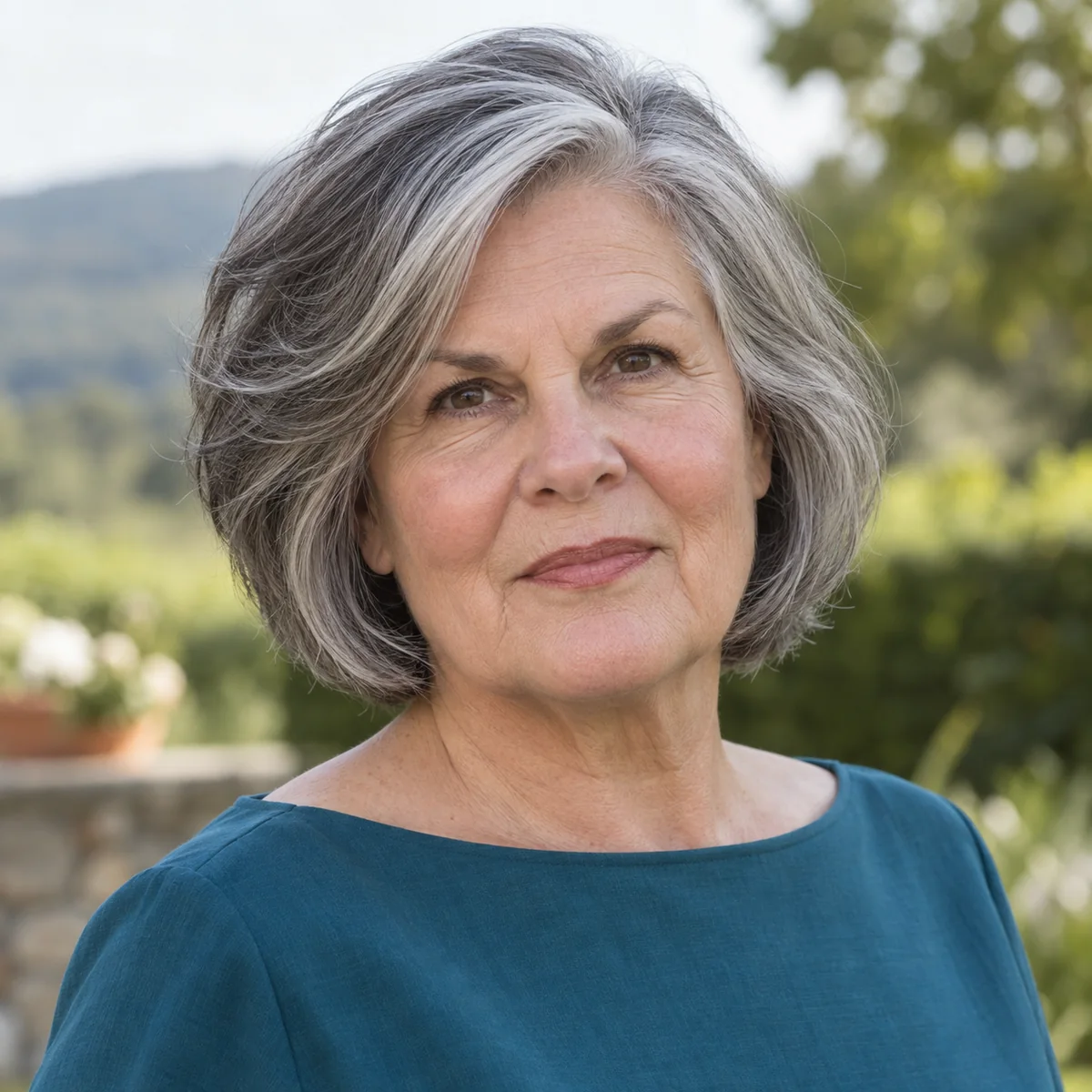 Woman over 50 with a silver layered bob and side part