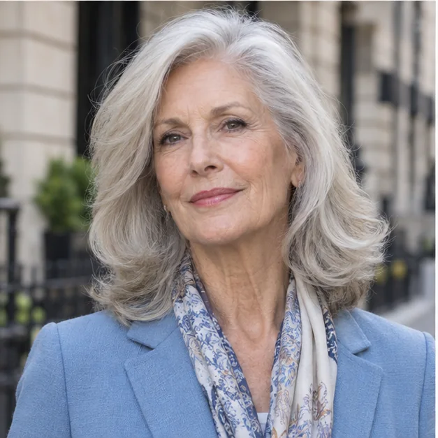 Silver-haired woman over 50 with a layered medium blowout
